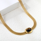 14*17mm Oval with white cat's eye/tiger eye pendant Thick 1*Wide 6mm Mesh Chain 40+5cm+6mm Round Necklace Golden
