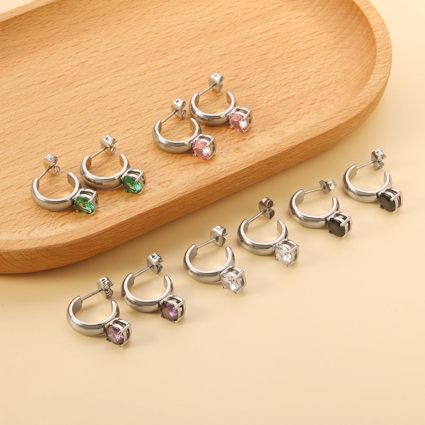 4.3*15mm C-shaped hoop with four scratches round white&black&purple&pink&green diamond stud earrings 6.2mm asonjewelry