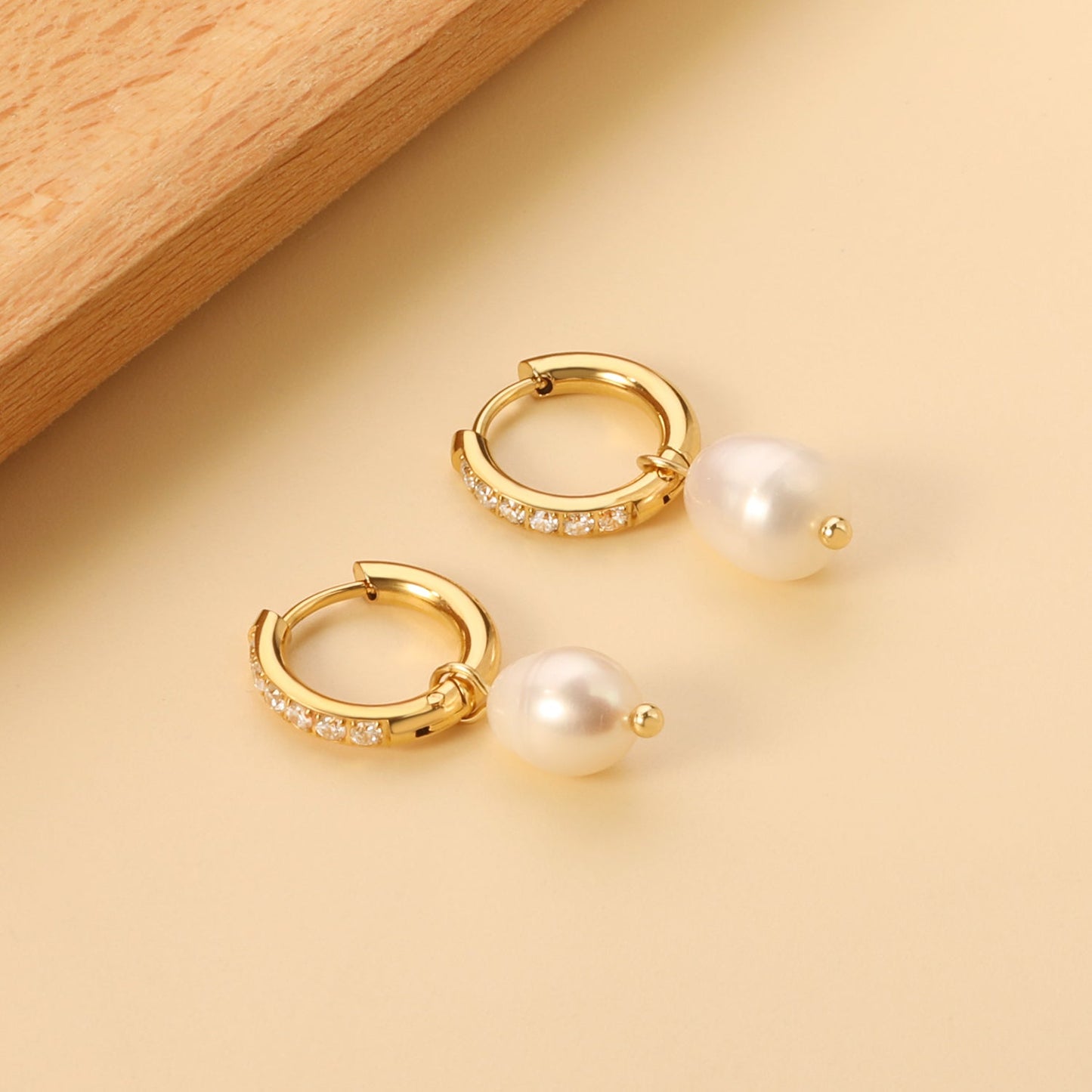 2.5x14mm circle with 6 white diamonds + oval white pearl stud earrings 8.3*13mm gold color asonjewelry