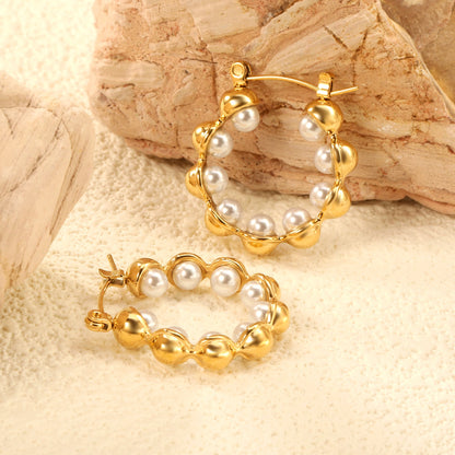 23mm wide + with 4mm imitation white pearl earrings gold color asonjewelry