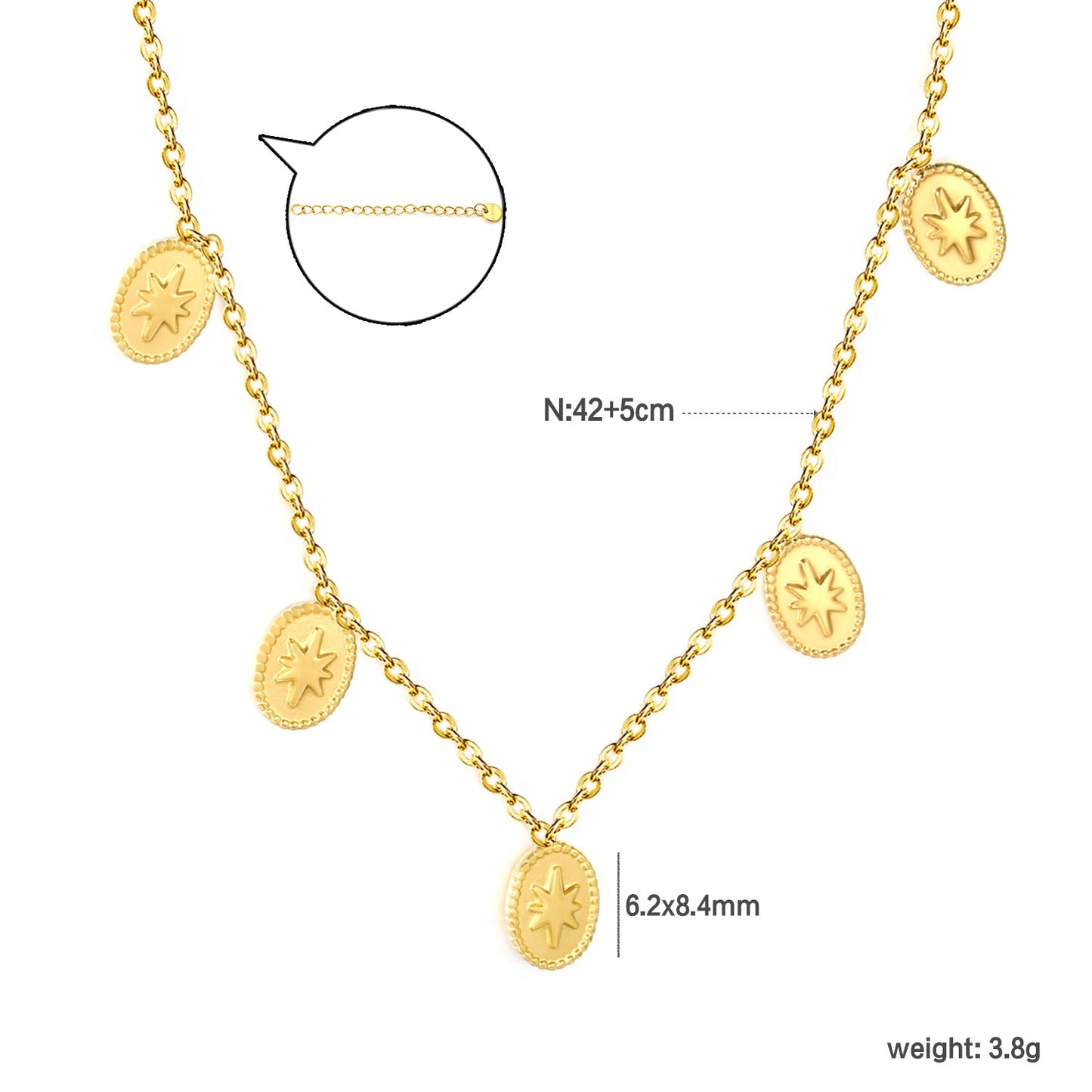 6.2*8.4mm Five-Pointed Star Elliptical Pendant 0.35mm Cross Chain Round Tassel Pendant Necklace Gold asonjewelry