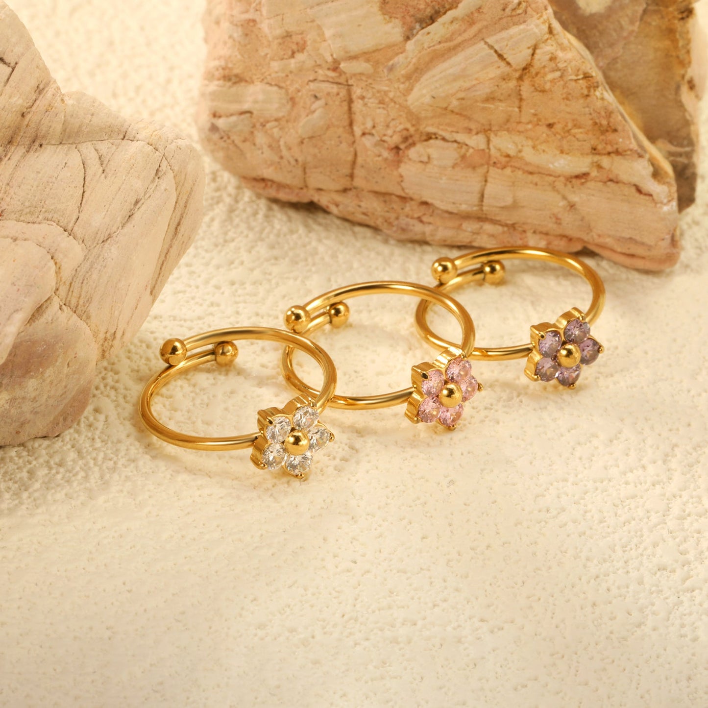 Gold - Plated Multi - Color Gemstone Flower - Shaped Open Rings asonjewelry