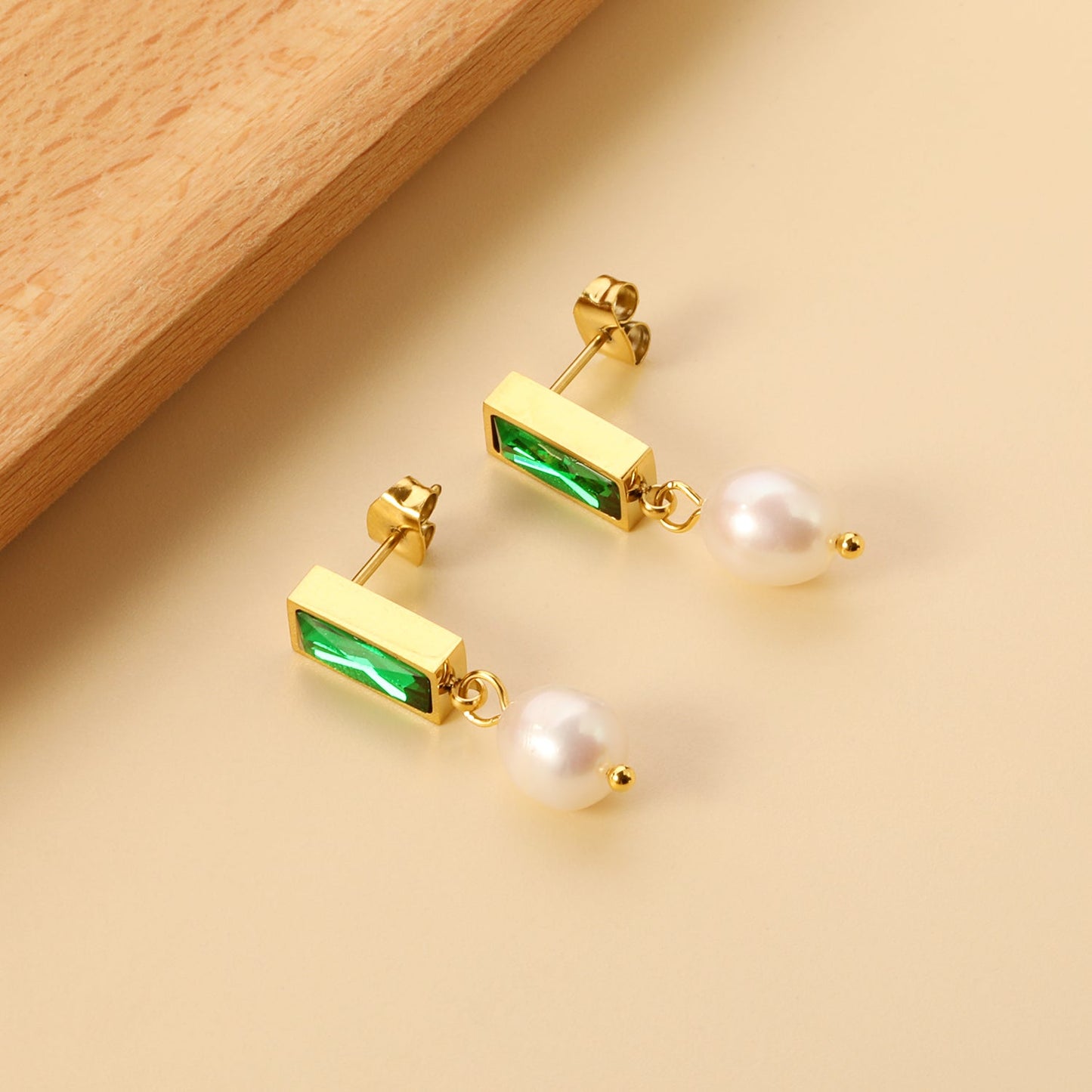 5.5*12mm rectangle with green diamonds + oval white pearl earrings 7.4*11.4mm asonjewelry