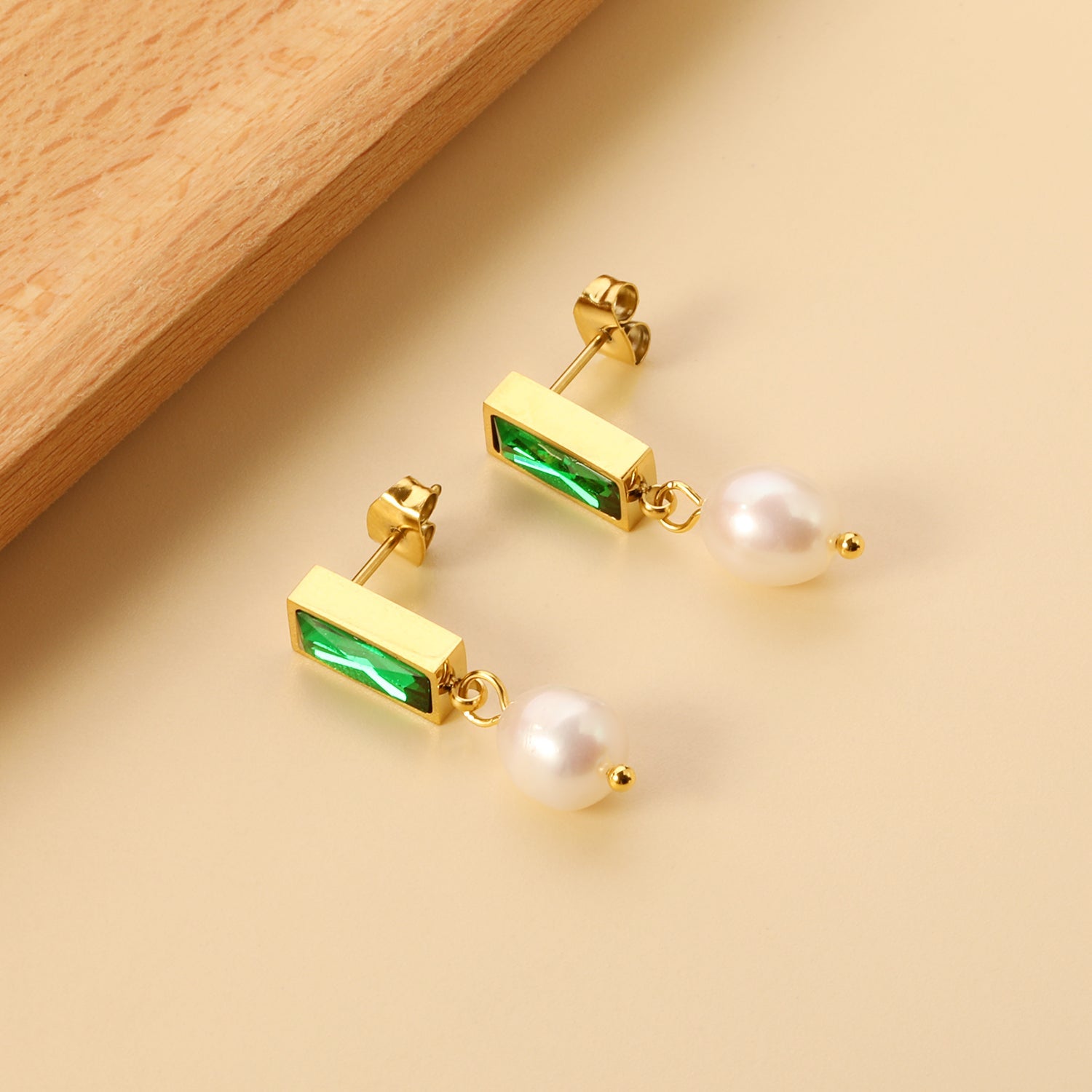 5.5*12mm rectangle with green diamonds + oval white pearl earrings 7.4*11.4mm asonjewelry