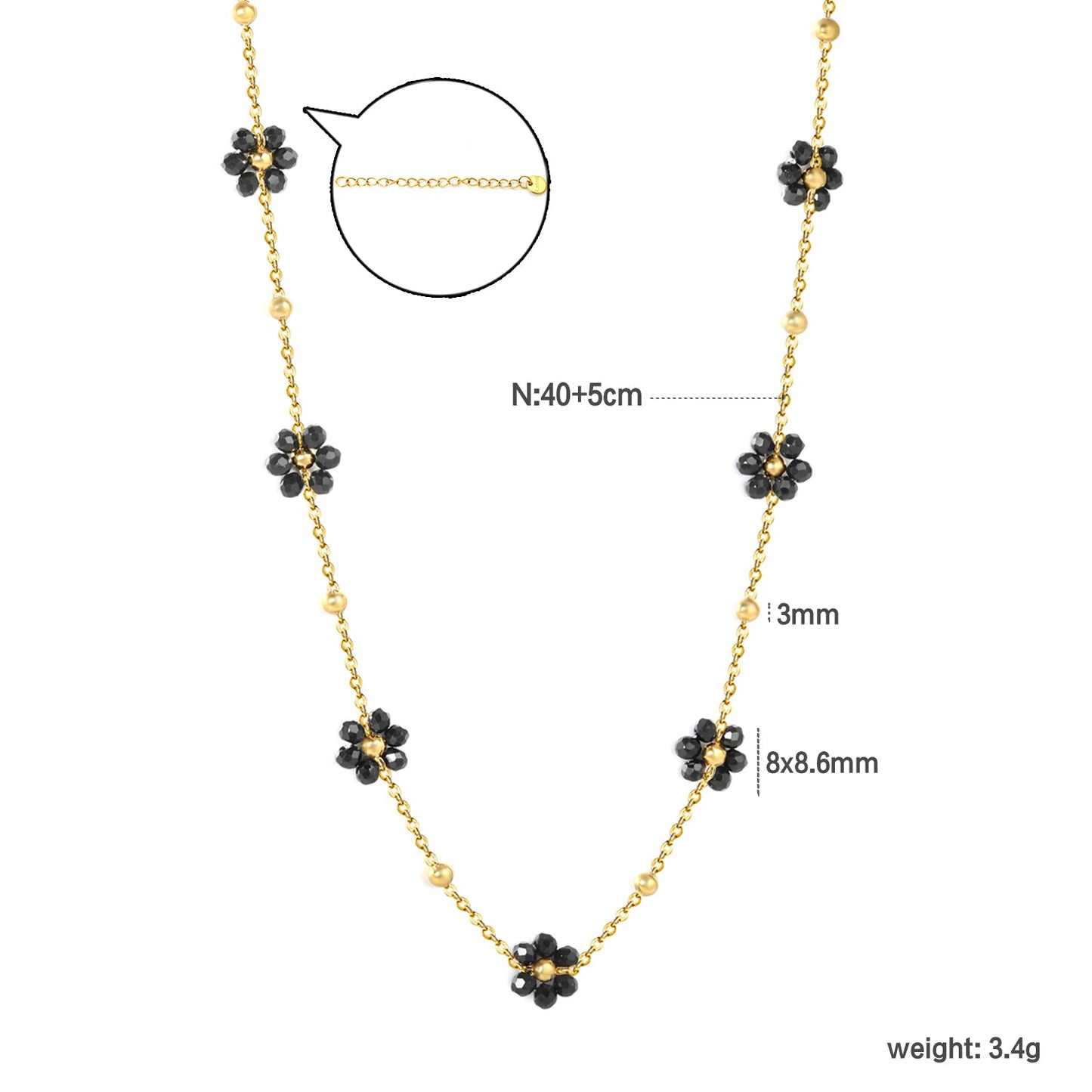 3mm steel beads x 15 + 7 mixed-color/black flower pendants Necklace 40+5cm Gold/steel asonjewelry