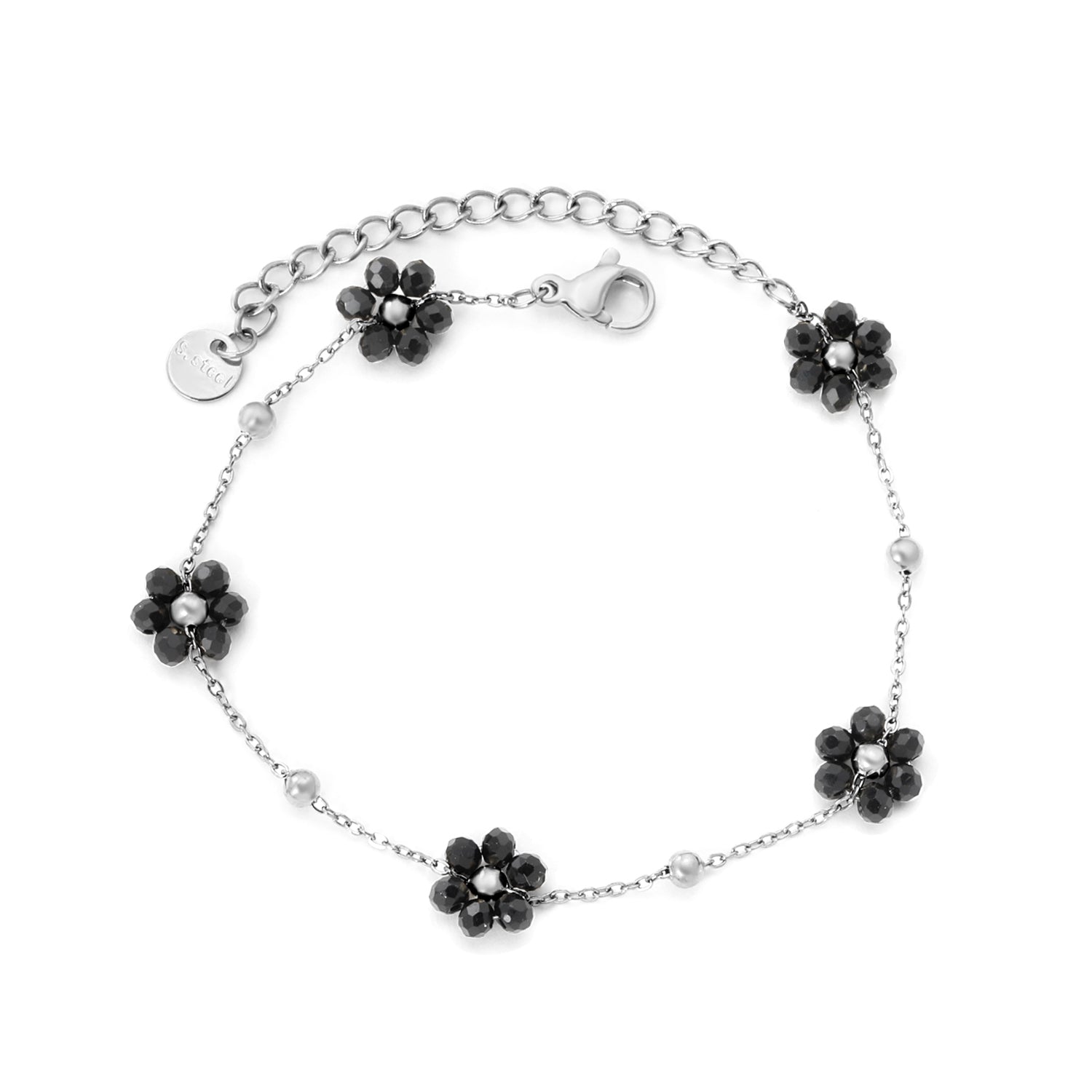 0.3 cross chain ¡Á3mm steel beads ¡Á9 + 8*8.6mm black bead flower pendant , bracelet, steel/gold asonjewelry
