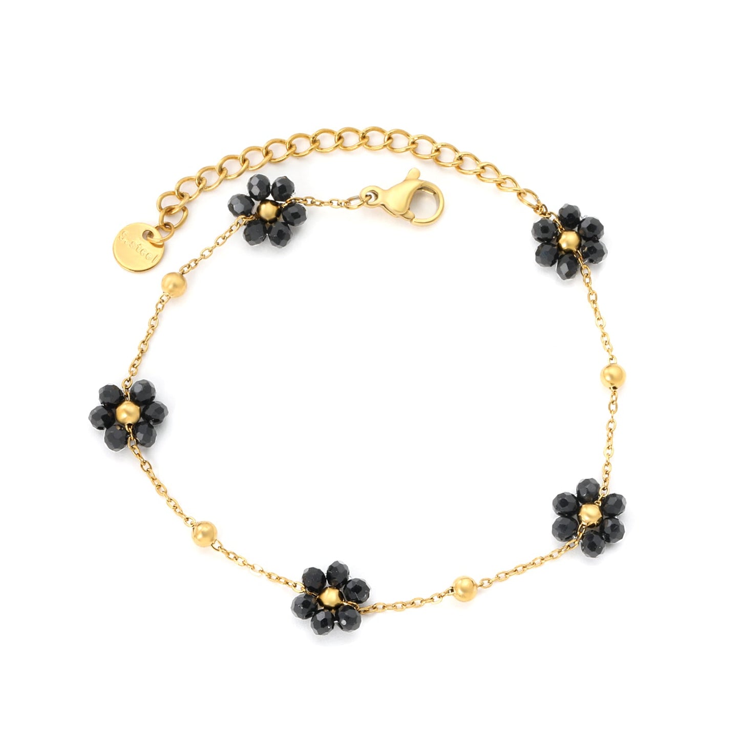 0.3 cross chain ¡Á3mm steel beads ¡Á9 + 8*8.6mm black bead flower pendant , bracelet, steel/gold asonjewelry