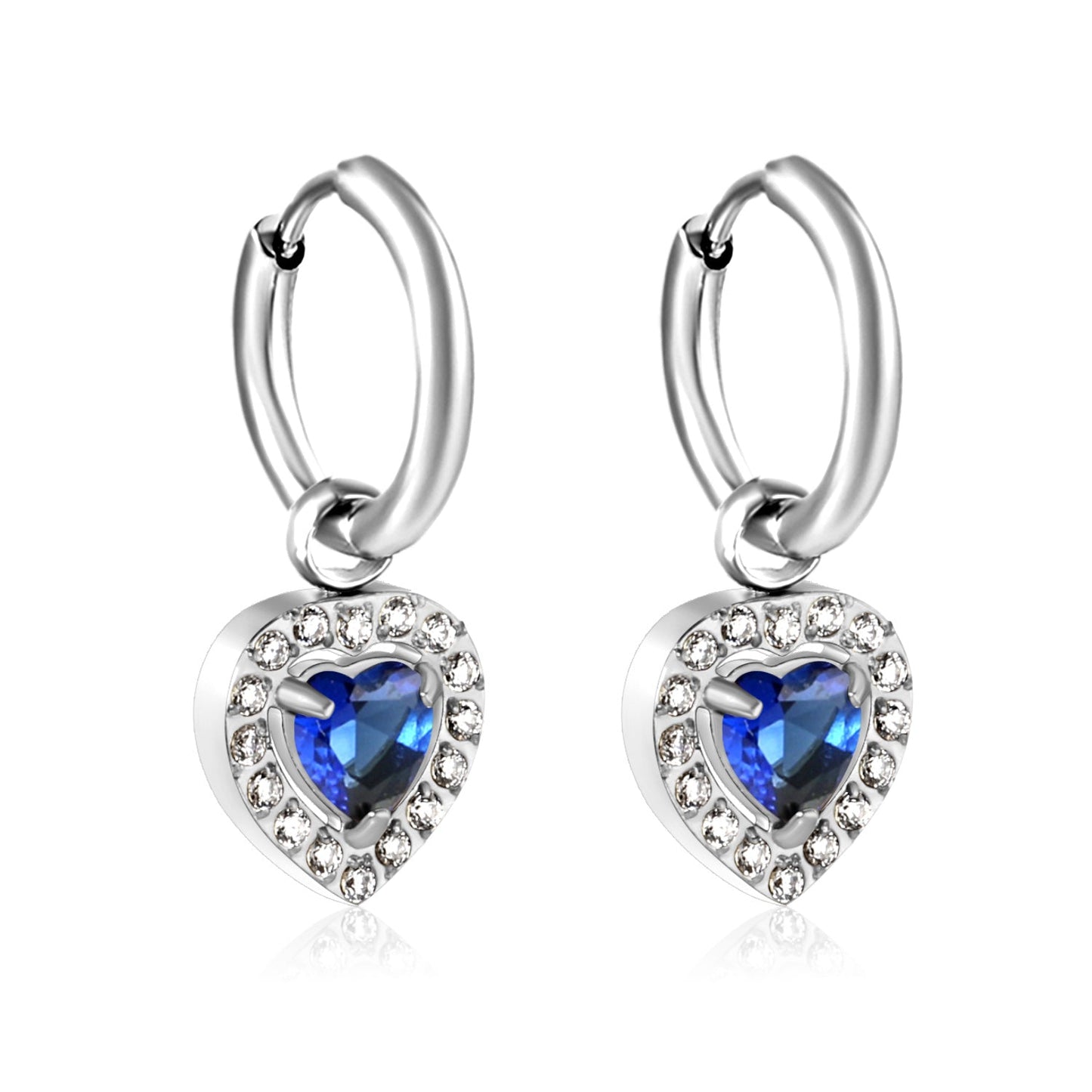 Wire 2*O.D. 14mm earrings + 9.6*10.2mm heart shaped sapphire blue glass with CNC drilling white zirconium hoops Earrings steel color/golden color asonjewelry