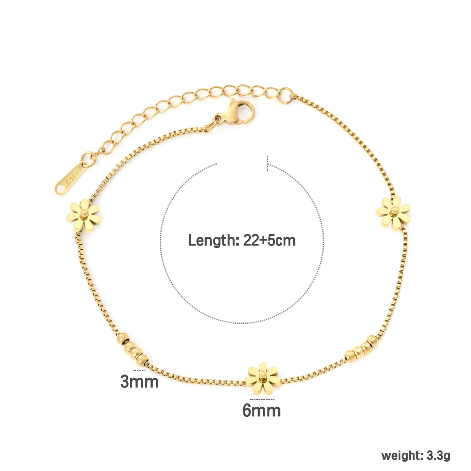 3mm*8 steel beads + 7.8mm*3 seven-petal flower chain 1.2mm box chain*22 + 5cm + 3*10mm square tag Gold asonjewelry