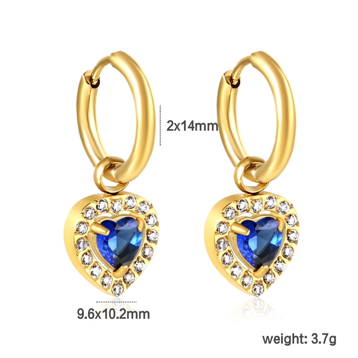 Wire 2*O.D. 14mm earrings + 9.6*10.2mm heart shaped sapphire blue glass with CNC drilling white zirconium hoops Earrings steel color/golden color asonjewelry