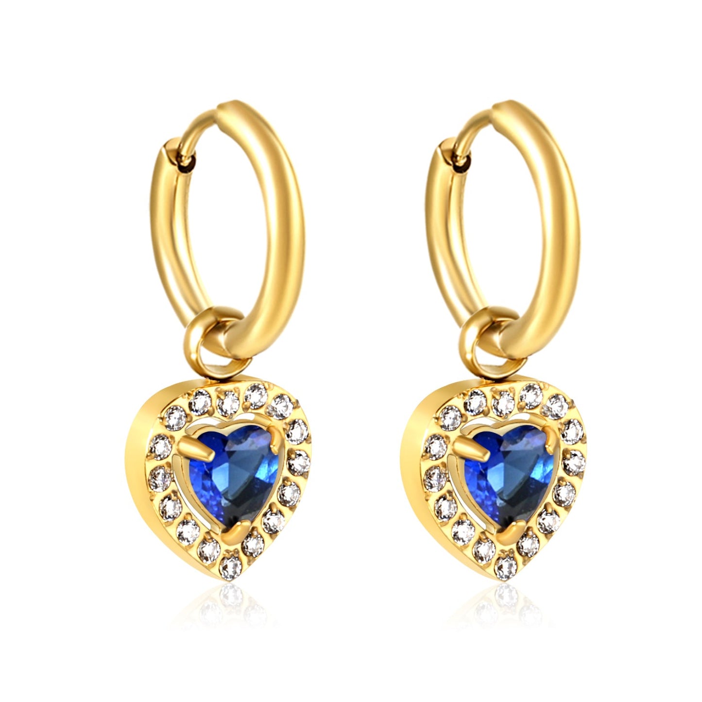 Wire 2*O.D. 14mm earrings + 9.6*10.2mm heart shaped sapphire blue glass with CNC drilling white zirconium hoops Earrings steel color/golden color asonjewelry