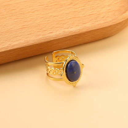 Open Oval Band with Blue Natural Stone Ring asonjewelry