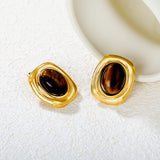 21mm x 25.1mm Oval Tiger's Eye Stud Earrings Steel/Gold