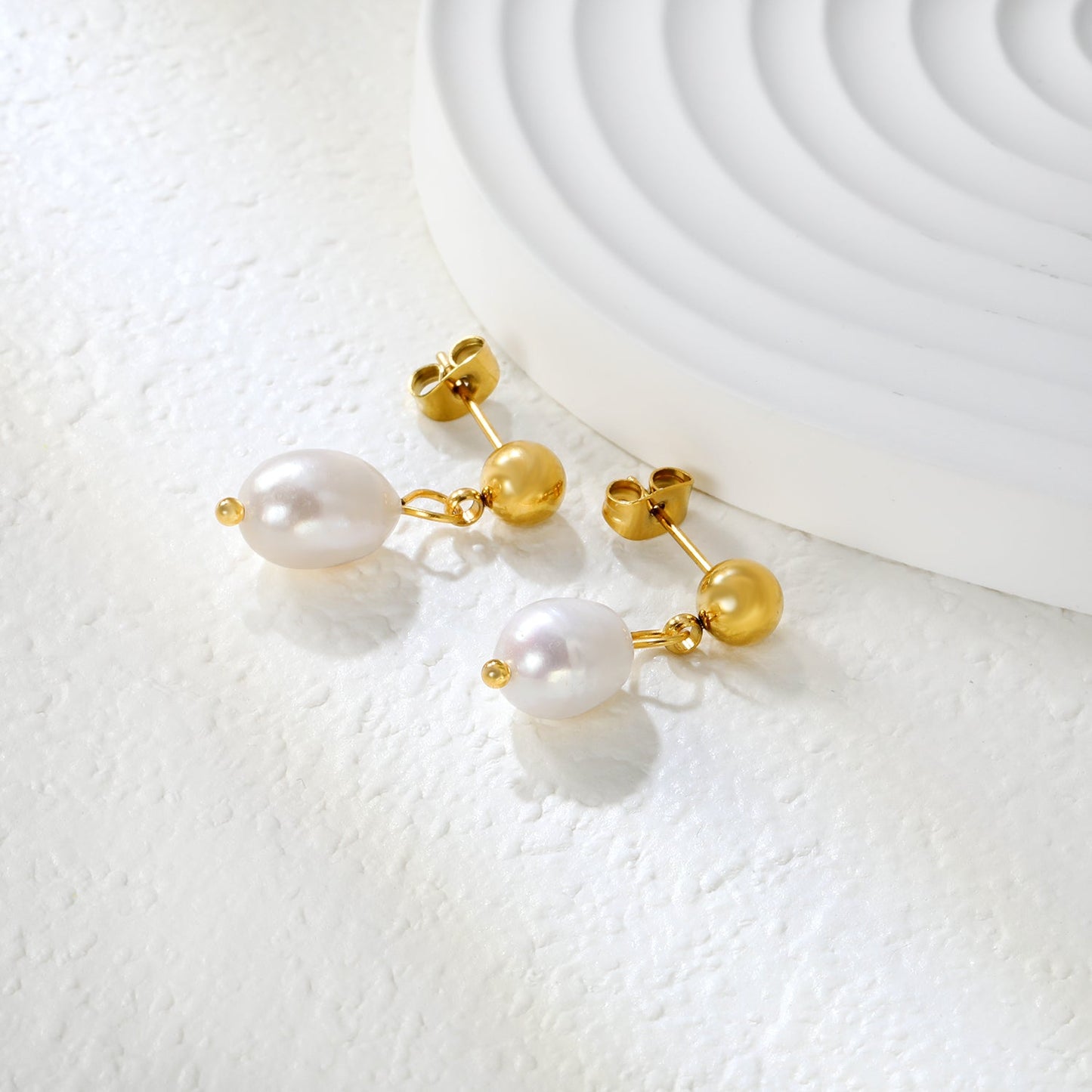 8.4*12mm freshwater pearl pendant+6mm steel earrings gold color asonjewelry