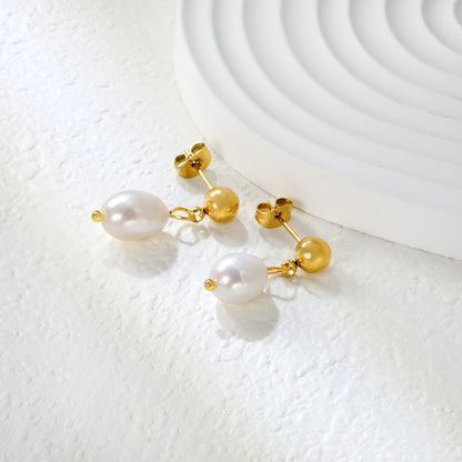 8.4*12mm freshwater pearl pendant+6mm steel earrings gold color asonjewelry