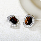 21mm x 25.1mm Oval Tiger's Eye Stud Earrings Steel/Gold