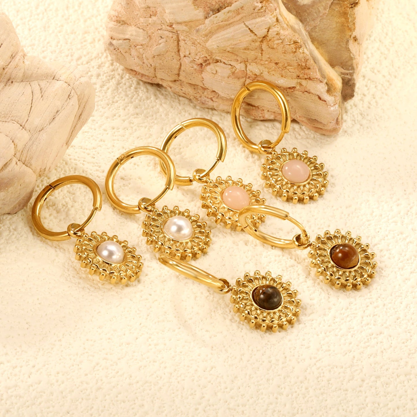 2*12mm I.D. earrings + 15.2mm round pattern face with imitation white pearl/pink crystal/tiger's eye stone fittings Gold color asonjewelry