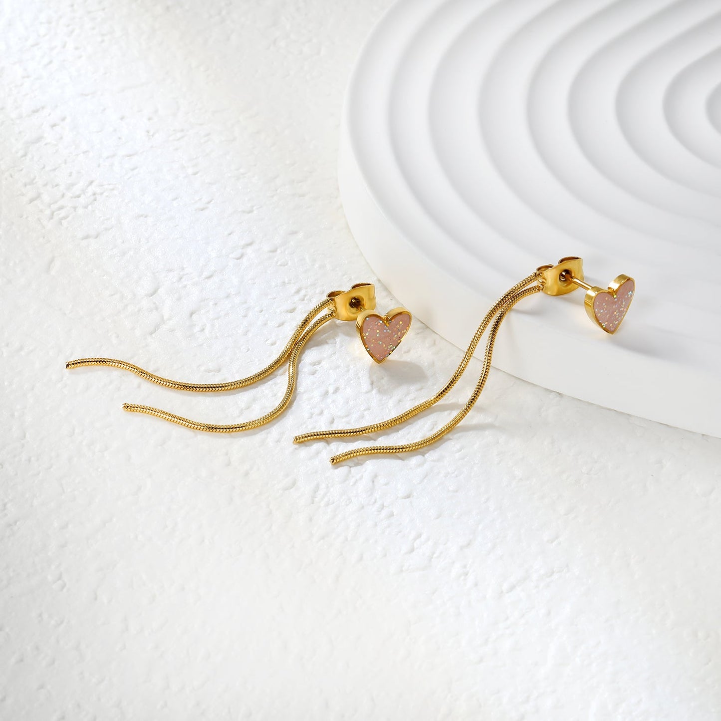 7.2*6.9mm Pink Drops Peach Heart + 0.9*40mm Round Snake Chain Tassel Earrings Gold asonjewelry