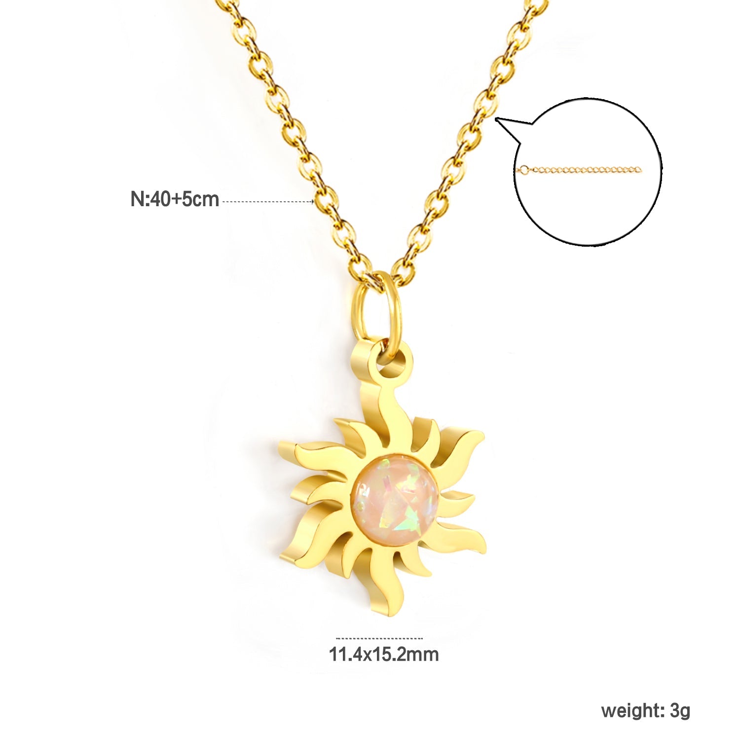 11.4*15.2mm Sun Sticky Imitation Opal Pendant 0.3 Cross Chain 40+5cm+6mm Round Plaque Necklace Golden asonjewelry