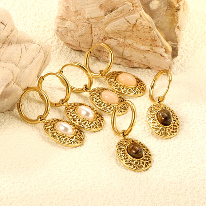 2*12mm I.D. earrings + 15.3*18.7mm oval pattern face band imitation white pearl/pinkstone/tiger's eye stone accessories Earrings Gold color asonjewelry