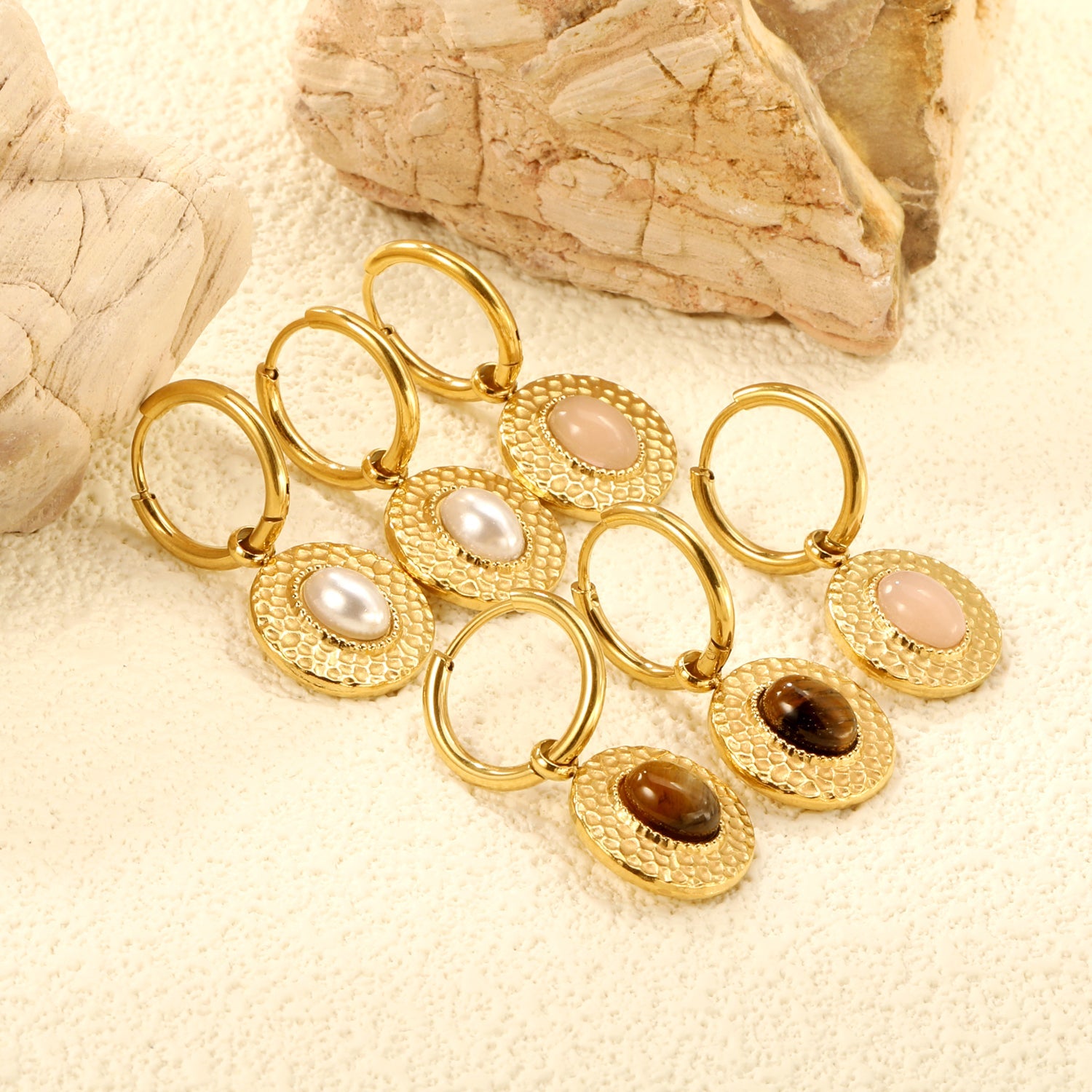 2*12mm I.D. earrings+15.5mm round cake stick imitation white pearl/pink crystal/tiger eye stone earrings gold color asonjewelry