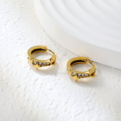 5.4 x 12mm star + half-circle imitation white Czech diamonds, earring posts 2.2 x inner diameter 10mm, gold-colored earrings asonjewelry