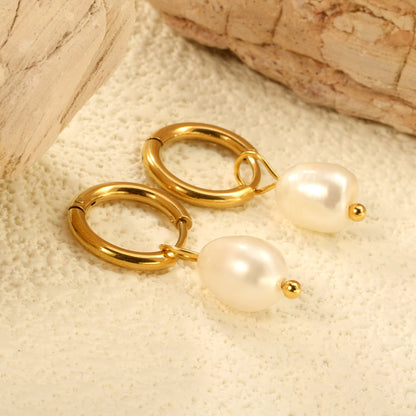 2*10mm inner diameter earrings + 7.7*10.3mm freshwater pearl earrings steel/golden color asonjewelry