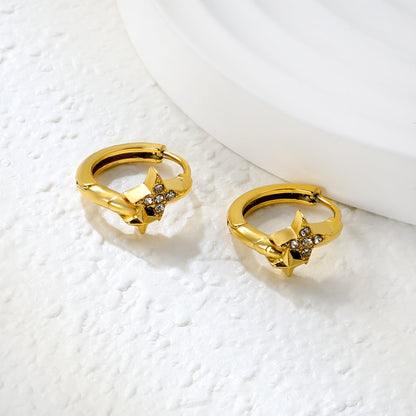 8 x 7.5mm four-pointed star imitation white Czech diamonds, earring posts 2.2 x inner diameter 10mm, gold-colored earrings asonjewelry