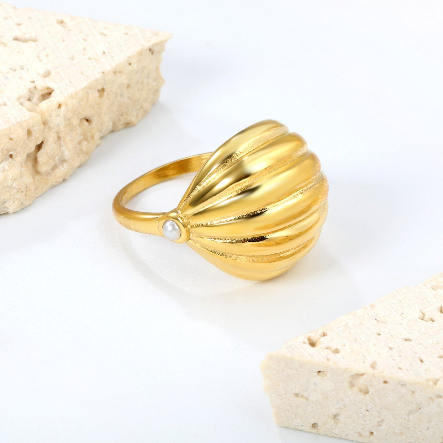 18K Gold Plated Stainless Steel Vertical Striped Arch Ring - Pearl Accented Elegant Jewelry asonjewelry