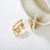 10.5*22mm French Openwork White Imitation Pearl + White Diamond Stud Earrings, Gold