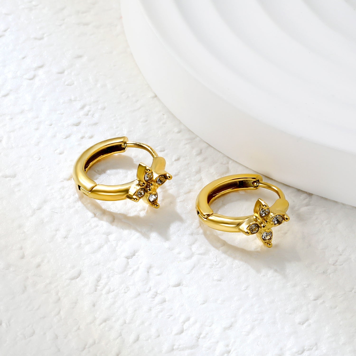 7.5 x 7.7mm cross flower with white zirconia, ear hook 2.2 x inner diameter 10mm, gold earrings asonjewelry