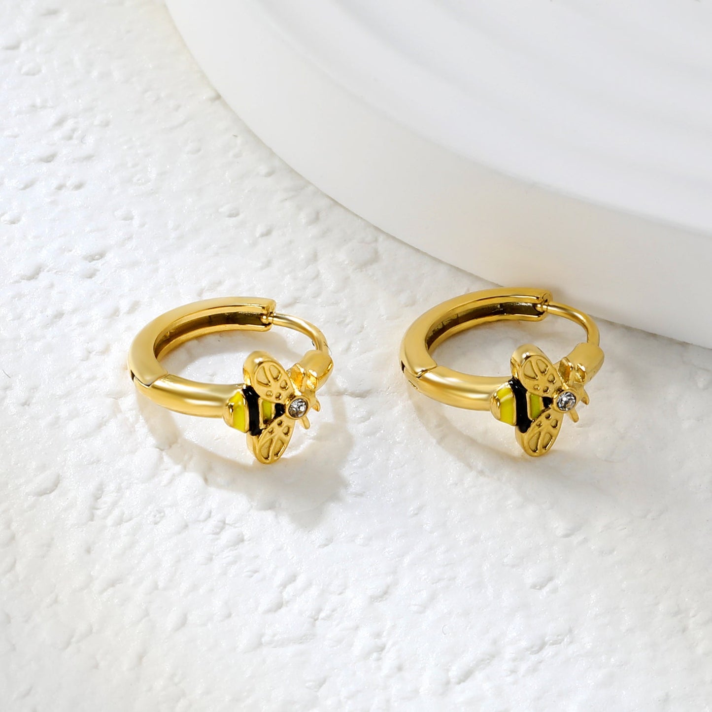 8 x 6.7mm Bee with White Czech Crystal Earring Hook 2.2 x Inner Diameter 10mm Earring Gold asonjewelry