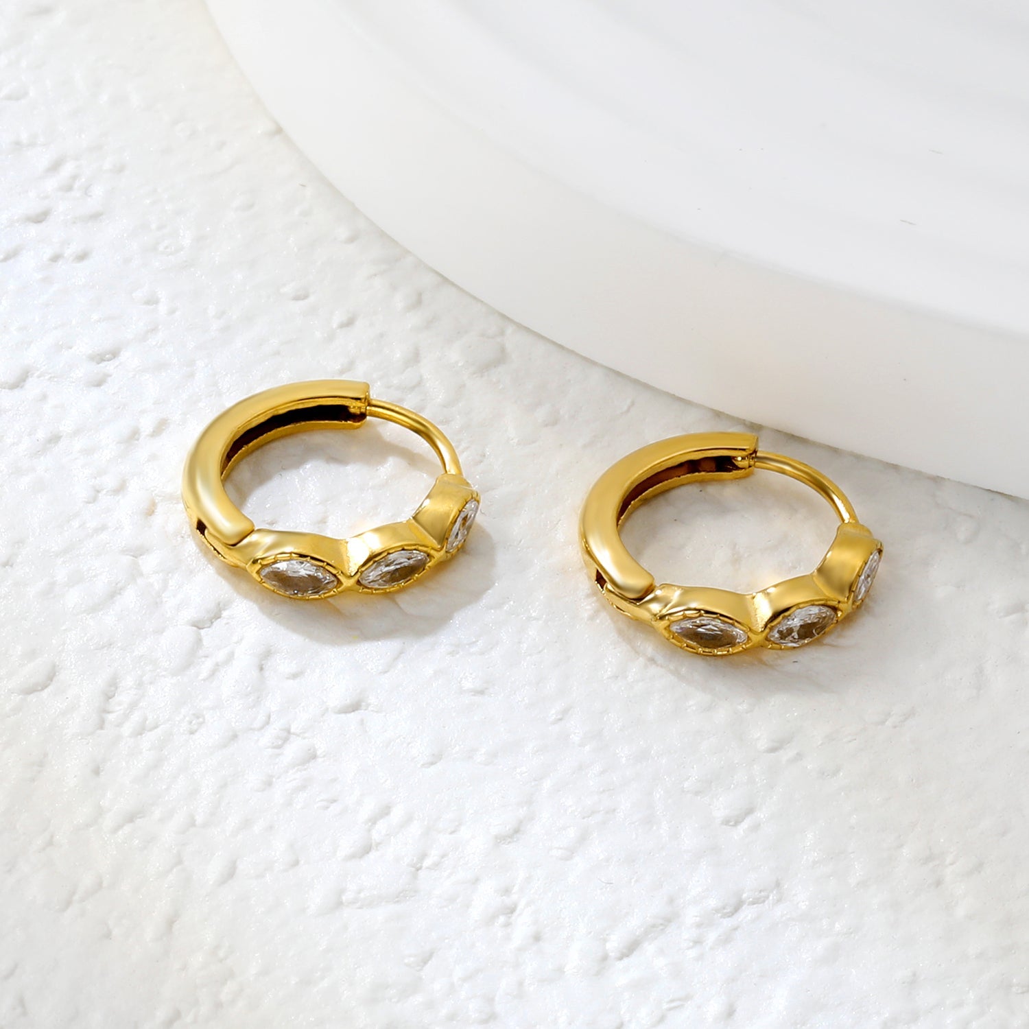 2.9 x 12mm three oval-shaped white zirconia earrings with 2.2 x 10mm inner diameter ear hooks, gold color asonjewelry