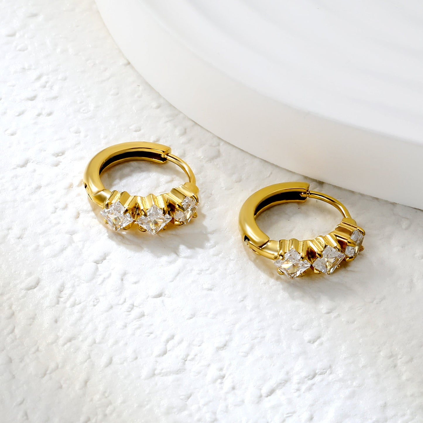 4.1 x 11.7mm three square white zirconia stud earrings with a 2.2mm post and a 10mm inner diameter, gold-colored asonjewelry