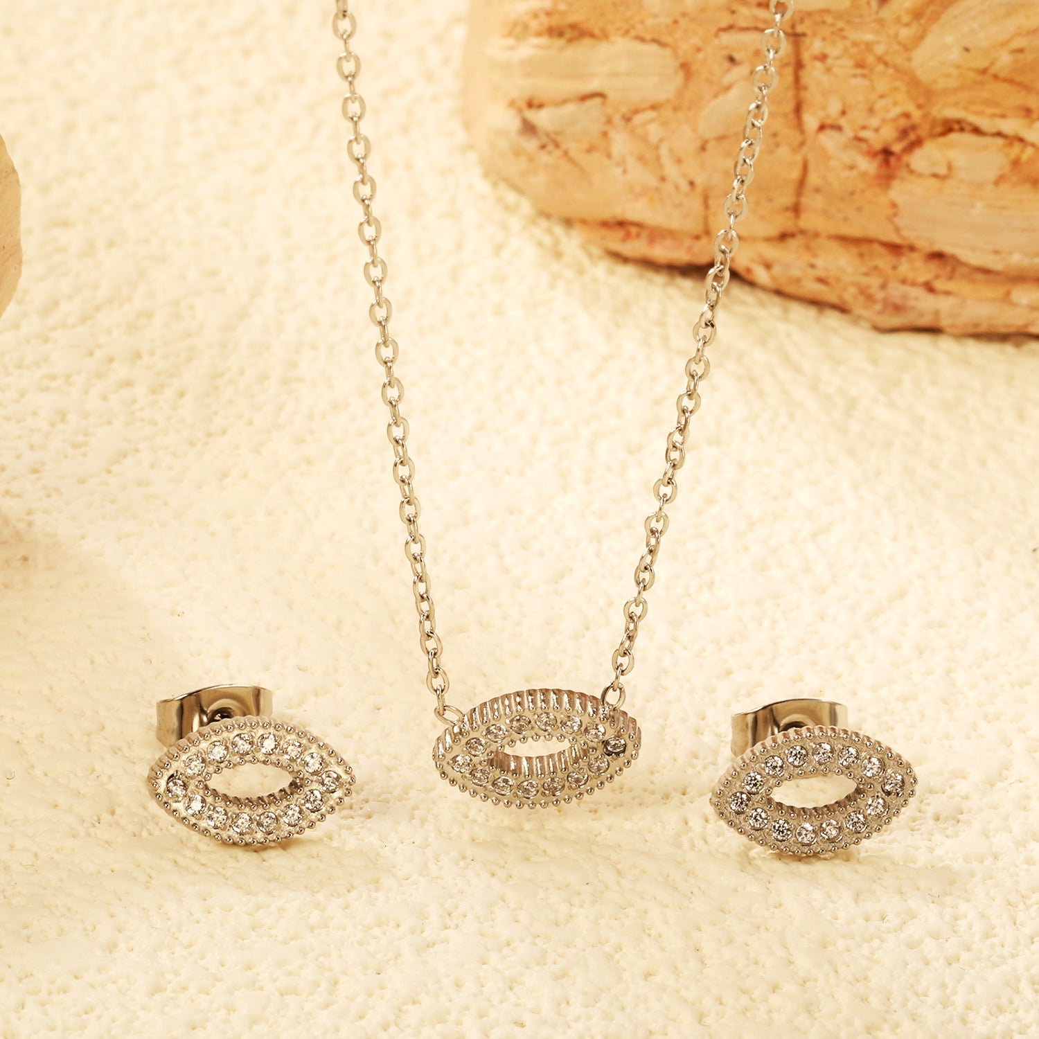 Eye CNC white zirconium accessories Set Steel color / gold 0.3 cross 40+5+6mm round plate Pendant: 11.4*7mm Earring: 11.4*7mm asonjewelry