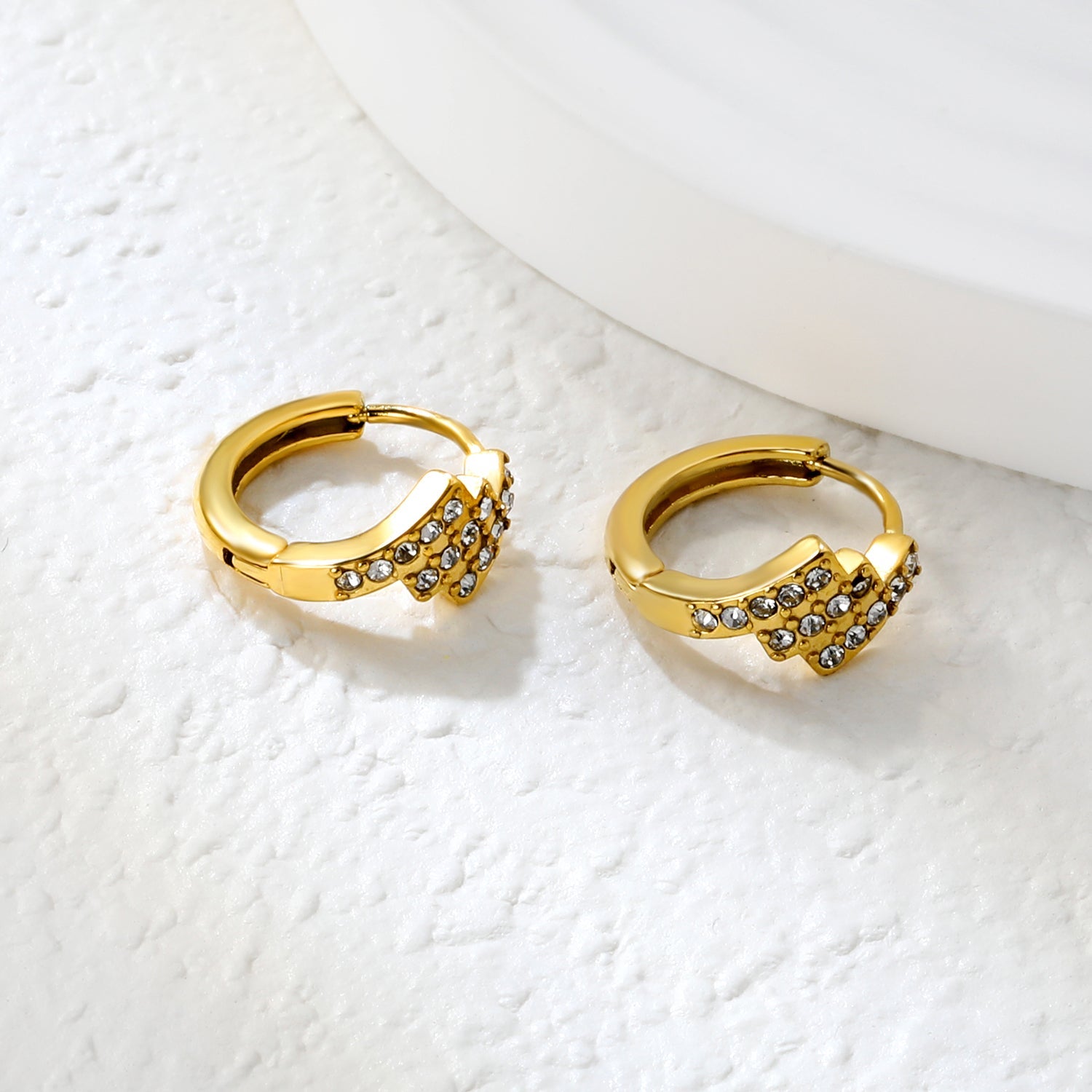 6.4 x 10.9mm diagonal rectangular white zirconia stud earrings with 2.2mm post and 10mm inner diameter, gold-plated asonjewelry