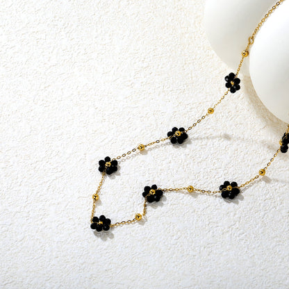 3mm steel beads x 15 + 7 mixed-color/black flower pendants Necklace 40+5cm Gold/steel asonjewelry