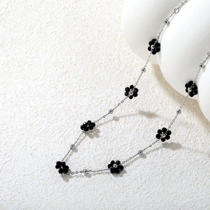 3mm steel beads x 15 + 7 mixed-color/black flower pendants Necklace 40+5cm Gold/steel asonjewelry