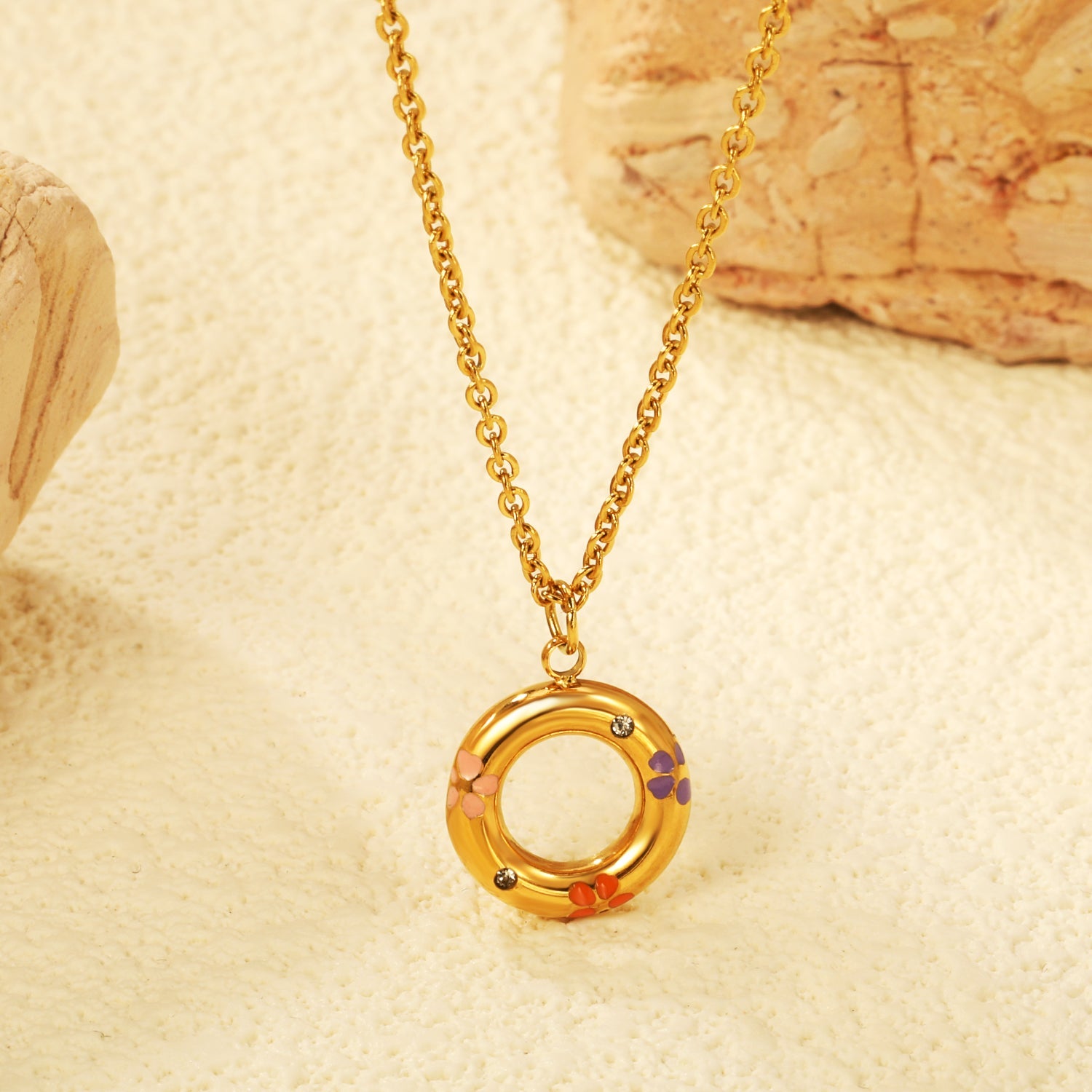 13mm circle with mixed color flower oil drop pendant necklace 40+5cm+Golden asonjewelry