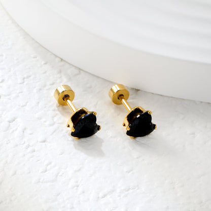 12 pair 6mm Steel/Gold Heart White/Black/Blue CZ Screw Plugs asonjewelry