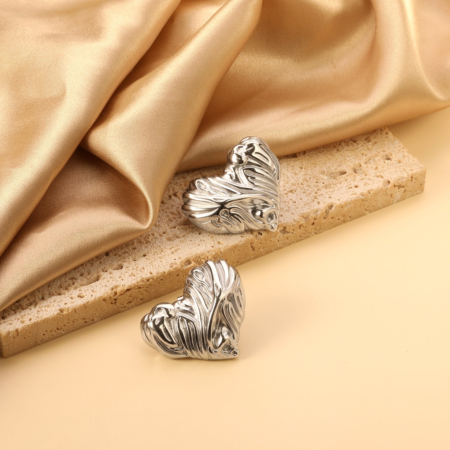 Textured Heart Stud Earrings 35*28mm / 18.4*15.1mm steel color / gold color asonjewelry