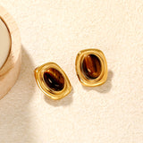 21mm x 25.1mm Oval Tiger's Eye Stud Earrings Steel/Gold