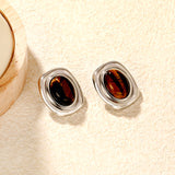 21mm x 25.1mm Oval Tiger's Eye Stud Earrings Steel/Gold