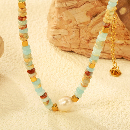 4.5*2.5mm Round Flat Imitation Shoushan Stone+3mm Square+8.2*9.5mm Freshwater Pearls Necklace 35+7cm+6mm Round Necklace GOLDEN asonjewelry