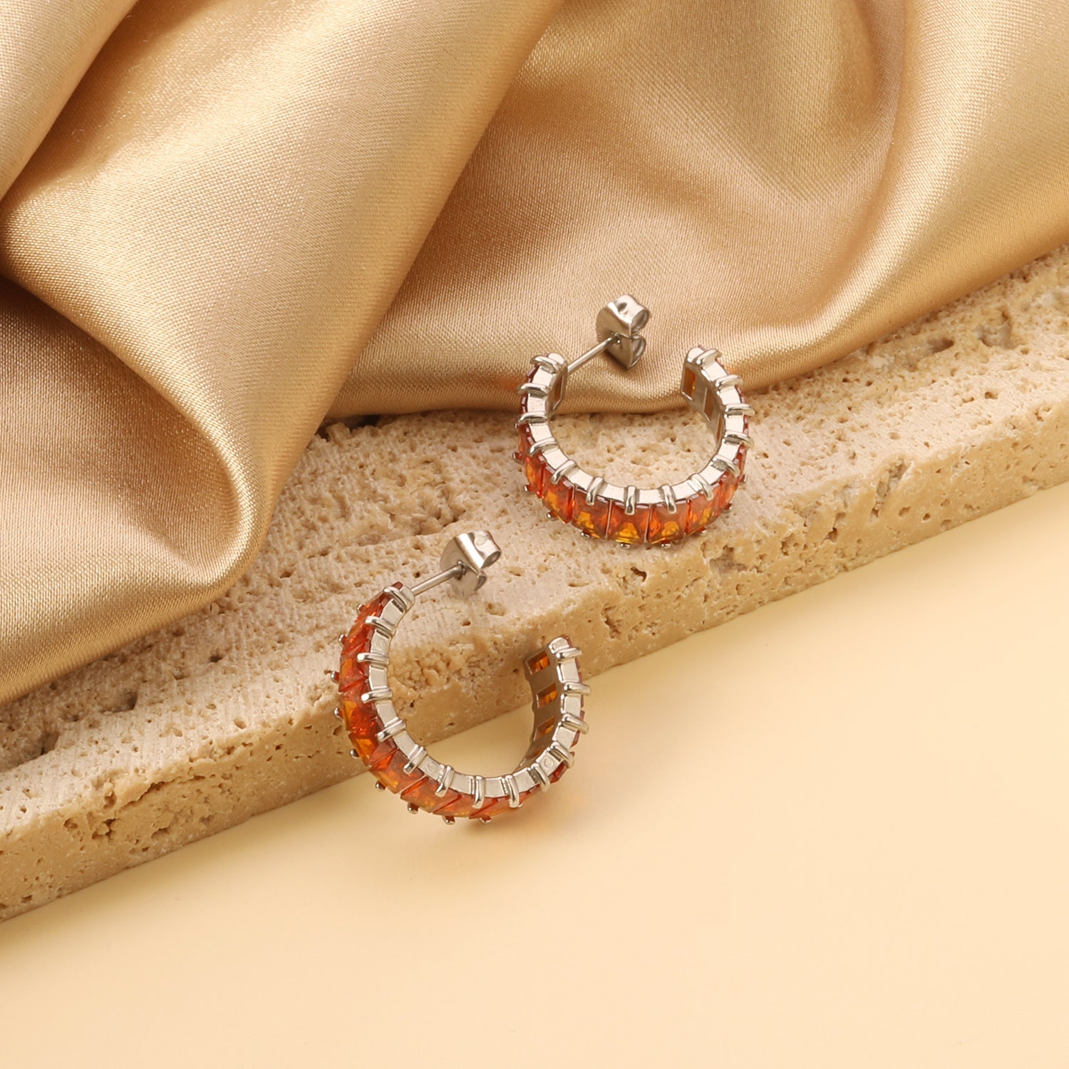 C-Shape with Two Catch Baguette White&Purple&Green&Mixed Diamond Stud Earrings 6.8*21mm asonjewelry