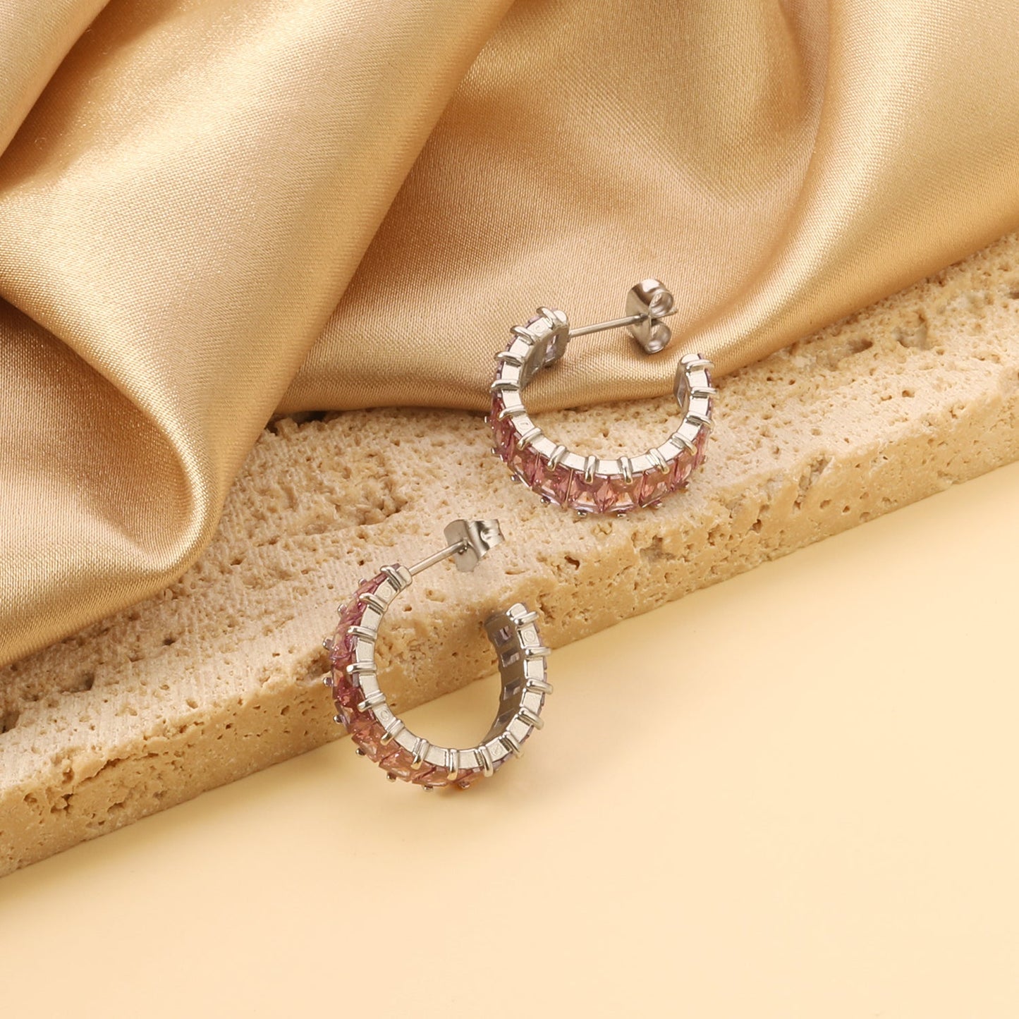 C-Shape with Two Catch Baguette White&Purple&Green&Mixed Diamond Stud Earrings 6.8*21mm asonjewelry