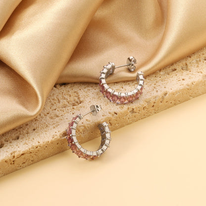 C-Shape with Two Catch Baguette White&Purple&Green&Mixed Diamond Stud Earrings 6.8*21mm asonjewelry