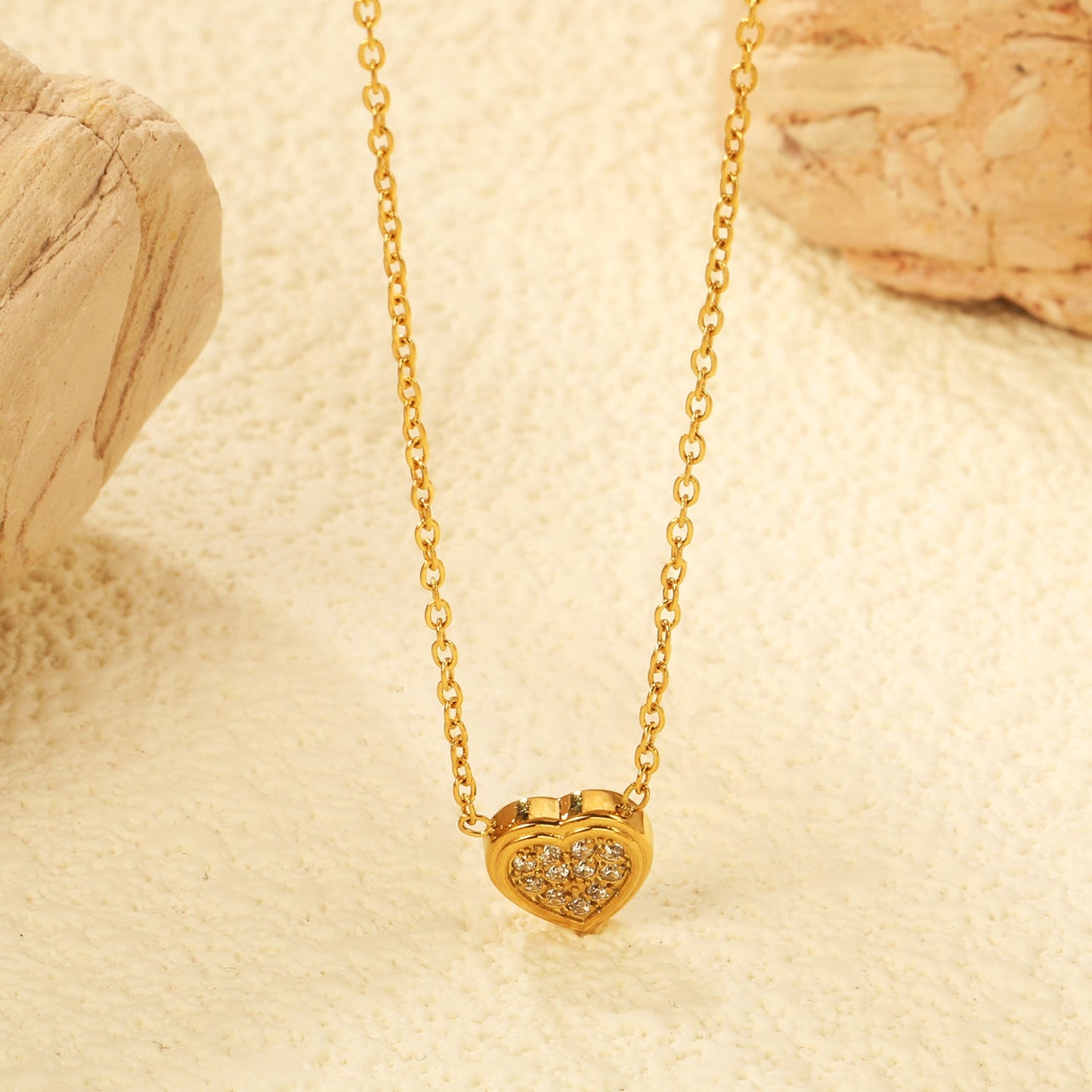 7.7 x 8mm beveled heart-shaped CNC white zirconia pendant with 0.3mm cross chain (40+5cm) and 6mm round tag necklace in steel gray/gold asonjewelry