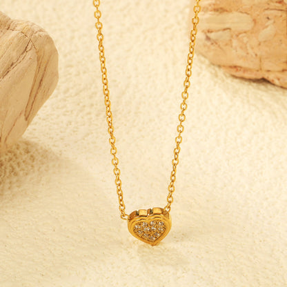7.7 x 8mm beveled heart-shaped CNC white zirconia pendant with 0.3mm cross chain (40+5cm) and 6mm round tag necklace in steel gray/gold asonjewelry