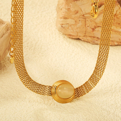14*17mm Oval with white cat's eye/tiger eye pendant Thick 1*Wide 6mm Mesh Chain 40+5cm+6mm Round Necklace Golden asonjewelry